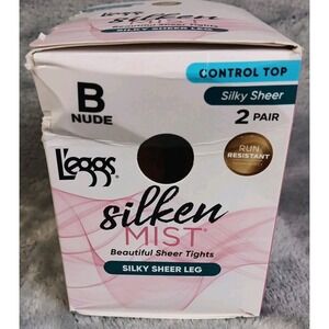 Leggs Silken Mist Tights Sz B Nude Control Top Run Resist Silky Sheer Leg 2 Pair